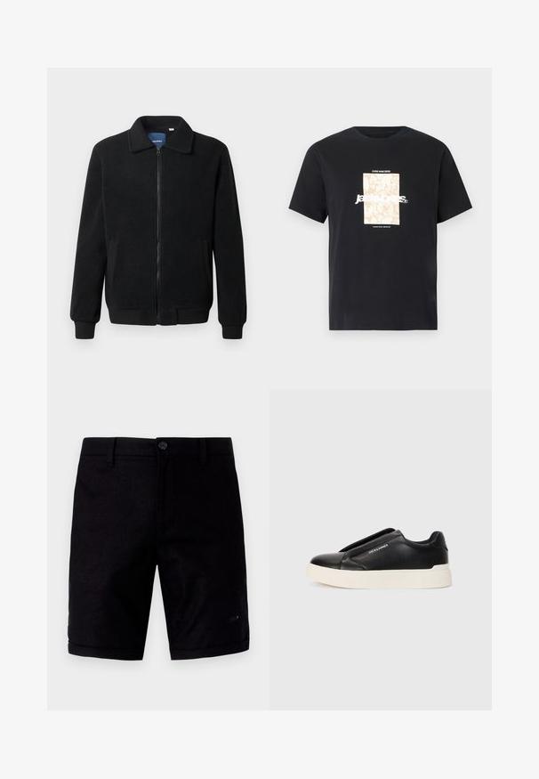 Čierna flísová bunda s uzáverom na zips, stojatým golierom, rebrovanými manžetami a bočnými vreckami s textúrovaným povrchom.; Čierne bavlnené tričko s okrúhlym výstrihom. Na prednej strane sa nachádza béžová obdĺžniková grafika s bielym textom "JAWO," ktorý je umiestnený na stred. Krátke rukávy.; Čierne šortky s hladkou textúrou, vybavené zapínaním na gombík, tradičnými vreckami a založenými manžetami. Vyrobené z ľahkého materiálu.; Čierne tenisky na gumenú podrážku so štruktúrovaným koženým vrchom, biela gumová podrážka a žiadne viditeľné šnúrky. Na boku sa nachádza logo značky.