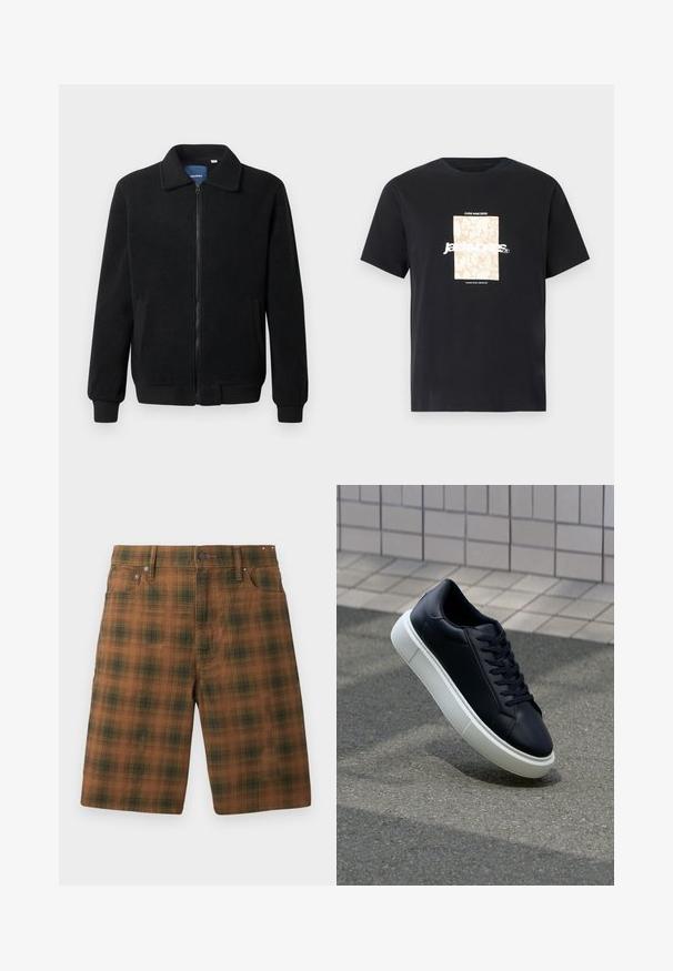 Black fleece jacket featuring a zip closure, stand collar, ribbed cuffs, and side pockets with a textured surface.; Black cotton t-shirt with round neck. Features a beige rectangular graphic and white text, "JAWO," centered on the front. Short sleeves.; Brown plaid shorts with a textured pattern, featuring a classic fit, five pockets, and metal hardware at the waistband.; Black leather sneaker with rounded toe and white rubber sole. Features flat laces and minimal stitching on the upper. Textured sole for grip.