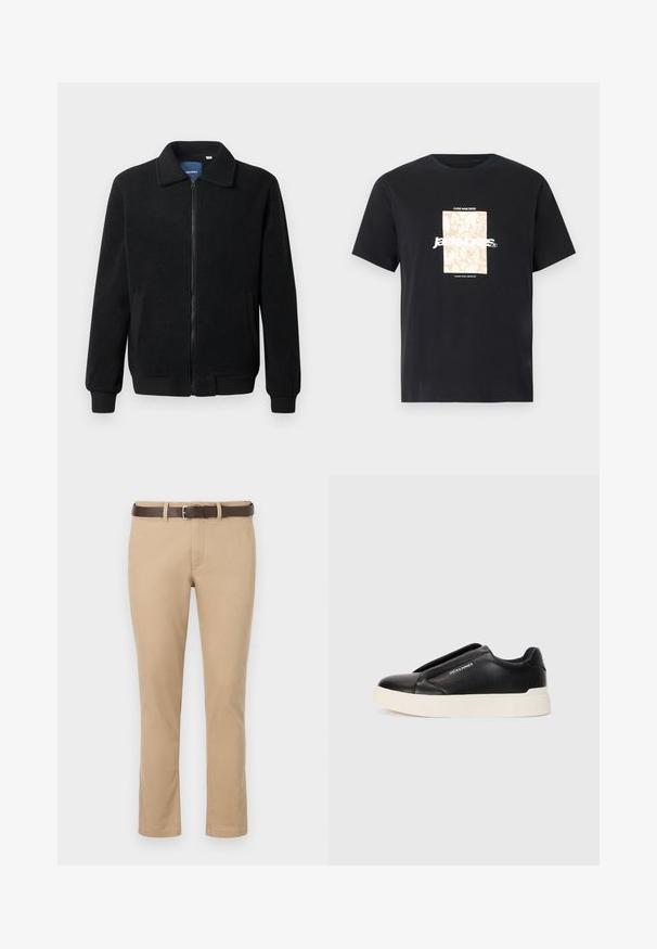 Melnā vilnas jaka ar rāvējslēdzēju, stāvošu apkakli, ribotām piedurknēm un sānu kabatām ar teksturētu virsmu.; Melna kokvilnas T-kreklā ar apaļu kakla izgriezumu. Priekšpusē ir beigu taisnstūra grafika un balti burti "JAWO", kas ir centrēti. Īsas piedurknes.; Haki bikses ar taisnu griezumu, izgatavotas no kokvilnas, ar brūnu ādas jostu ar sudraba sprādzi. Gluda tekstūra, bez rakstiem.; Melna slip-on kedu ar teksturētu ādas augšdaļu, baltu gumijas zoli un bez redzamām šņorcēm. Uz sāna ir zīmola logo.