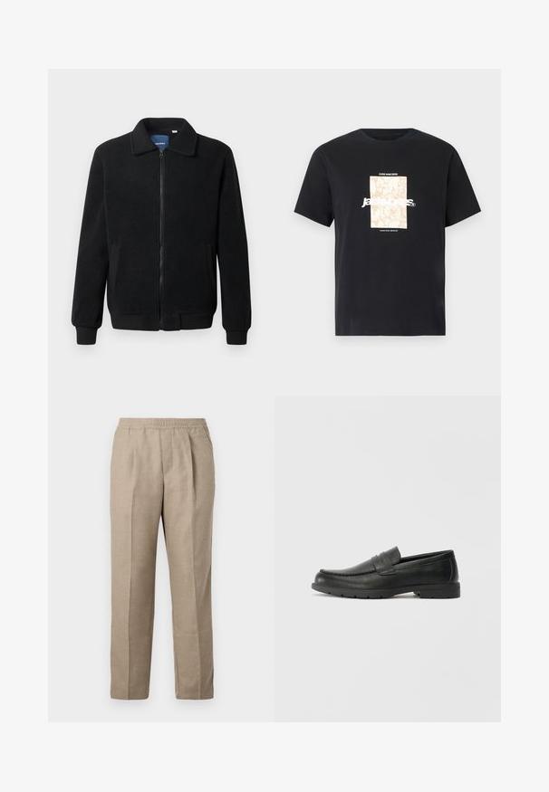 Čierna flísová bunda s uzáverom na zips, stojatým golierom, rebrovanými manžetami a bočnými vreckami s textúrovaným povrchom.; Čierne bavlnené tričko s okrúhlym výstrihom. Na prednej strane sa nachádza béžová obdĺžniková grafika s bielym textom "JAWO," ktorý je umiestnený na stred. Krátke rukávy.; Krémové, voľné nohavice s elastickým pásom, rovnými nohavicami a dvoma prednými záhybmi. Vyrobené z textúrovanej tkaniny.; Čierne kožené mokasíny s hladkým povrchom, vrchnou časťou v štýle mokasín, prešitým detailom a gumovou podrážkou. Klasický dizajn s nízkym podpätkom.
