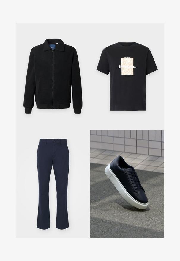 Črna flis jakna z zadrgo, stoječim ovratnikom, rebrastimi zapestji in stranskimi žepi s teksturirano površino.; Črna bombažna majica s krožnim izrezom. Ima bež pravokoten grafični vzorec in belo besedilo "JAWO," sredi spredaj. Kratke rokave.; Mornarsko modri hlače iz mešanice bombaža, z ravnim krojem, standardnim pasom z gumbom in stranskimi žepi.; Črne usnjene superge z zaobljenim prstom in belim gumijastim podplat. Imajo ravne vezalke in minimalno šivanje na zgornjem delu. Teksturirani podplat za oprijem.