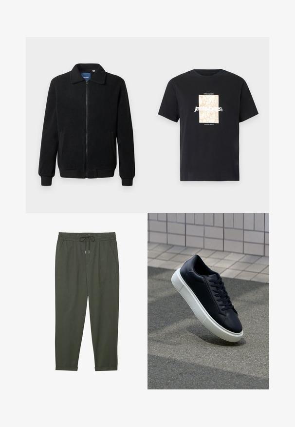 Sort fleecejakke med lynlås, opretstående krave, ribbede manchetter og sidelommer med en tekstureret overflade.; Sort bomulds t-shirt med rund hals. Har et beige rektangulært grafik og hvid tekst, "JAWO," centreret foran. Korte ærmer.; Mørkegrønne, letvægts, lige ben bukser med elastisk talje, snøre, sidelommer og manchetter. Glat tekstur.; Sort lædersneaker med rund tå og hvid gummisål. Har flade snørebånd og minimal syning på overdelen. Tekstureret sål for bedre greb.