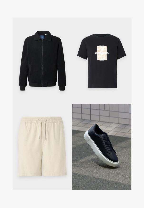 Schwarze Fleecejacke mit Reißverschluss, Stehkragen, gerippten Bündchen und seitlichen Taschen mit strukturiertem Oberflächenmaterial.; Schwarzes Baumwoll-T-Shirt mit Rundhalsausschnitt. Hat eine beige rechteckige Grafik und weißen Text "JAWO", zentriert auf der Vorderseite. Kurze Ärmel.; Helle beige Shorts aus einem strukturierten Stoff. Verfügt über einen elastischen Bund mit einem Kordelzug und Seitentaschen. Klassischer Schnitt und lässiges Design.; Schwarze Leder-Sneaker mit runder Zehenpartie und weißer Gummisohle. Verfügt über flache Schnürsenkel und minimale Nähte im Obermaterial. Strukturiertes Sohlenprofil für besseren Halt.