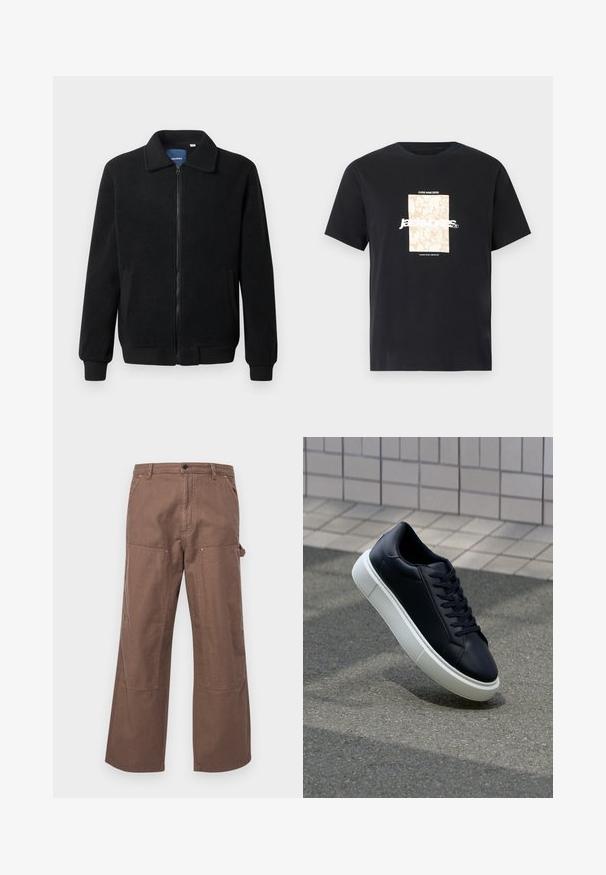 Schwarze Fleecejacke mit Reißverschluss, Stehkragen, gerippten Bündchen und seitlichen Taschen mit strukturiertem Oberflächenmaterial.; Schwarzes Baumwoll-T-Shirt mit Rundhalsausschnitt. Hat eine beige rechteckige Grafik und weißen Text "JAWO", zentriert auf der Vorderseite. Kurze Ärmel.; Braune Baumwoll-Cargohosen mit einem lockeren Schnitt, Seitentaschen und großen Knieverstärkungen für zusätzliche Haltbarkeit und Stil.; Schwarze Leder-Sneaker mit runder Zehenpartie und weißer Gummisohle. Verfügt über flache Schnürsenkel und minimale Nähte im Obermaterial. Strukturiertes Sohlenprofil für besseren Halt.