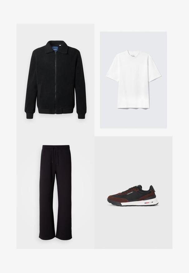 Chaqueta de forro polar negra con cierre de cremallera, cuello alzado, puños acanalados y bolsillos laterales con una superficie texturizada.; Camiseta blanca de manga corta, de corte relajado, dispuesta sobre un fondo gris claro.; Pantalones de chándal negros hechos de material suave, con cintura elástica ajustable, corte holgado y diseño de pierna recta. Estilo minimalista sin patrones.; Tommy Hilfiger RETRO RUNNER MIX - Zapatillas - black/cocoa
