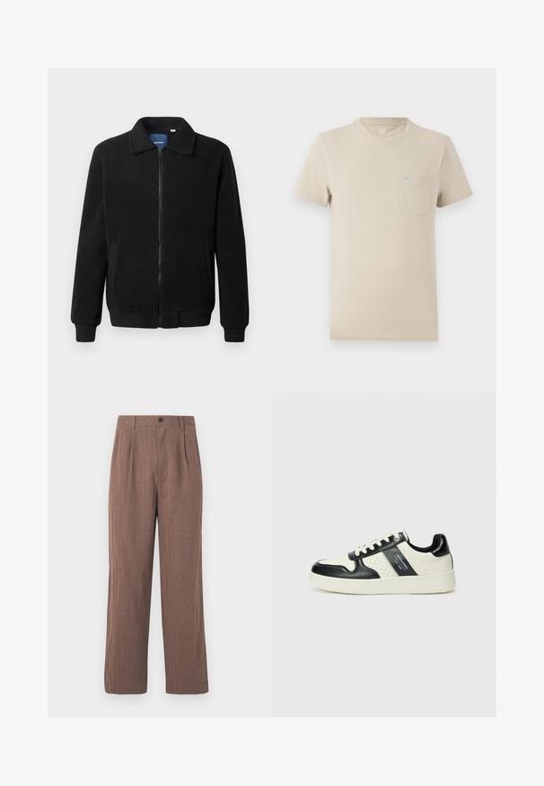 Giacca in pile nera con chiusura zip, colletto alto, polsini a coste e tasche laterali con superficie strutturata.; T-shirt beige a maniche corte in cotone, con collo a girocollo e una tasca sul petto sinistro con un piccolo etichetta logata. Texture liscia, design informale.; Pantaloni marroni a gamba larga realizzati in tessuto testurizzato, con pieghe e chiusura a bottone in vita. Design sartoriale con linee pulite.; Sneakers in pelle con una combinazione di colori nero e crema, dotati di dettagli perforati, collare imbottito e suola testurizzata.