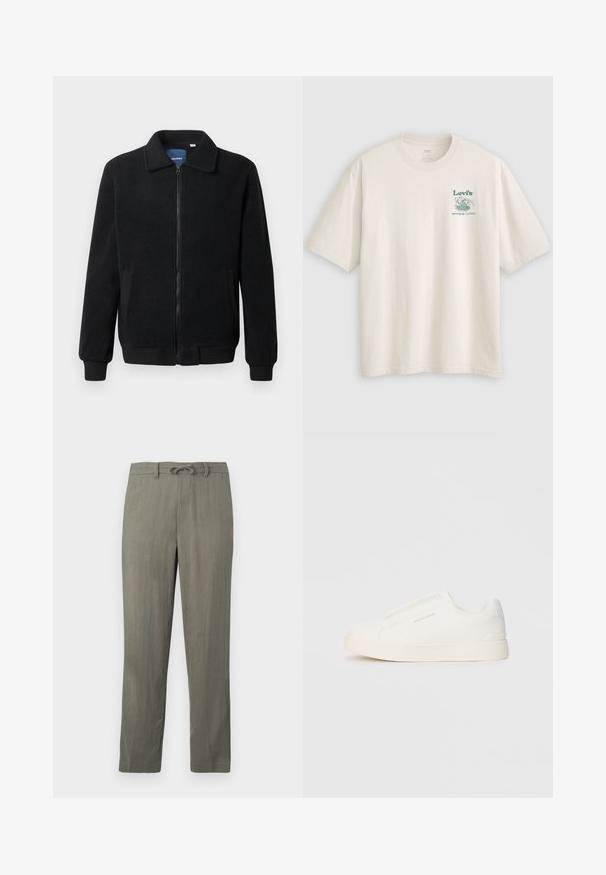 Μαύρο φλις μπουφάν με κλείσιμο με φερμουάρ, όρθιο γιακά, λαστιχένια μανίκια και πλάγιες τσέπες με υφή.; Λευκό βαμβακερό T-shirt με κοντά μανίκια, με πράσινο λογότυπο Lev's και κείμενο στο αριστερό στήθος. Χαλαρή εφαρμογή, απαλό ύφασμα.; Ανδρικά παντελόνια σε ανοιχτό γκρι, από μείγμα λινό, με μέση που ρυθμίζεται με κορδόνι, ίσια πόδια και διακριτή υφή; διαθέτουν κανονικές τσέπες και χωρίς αξιοσημείωτα μοτίβα.; Λευκά slip-on παπούτσια με υφή, παχύ πάτο και μινιμαλιστικό σχέδιο. Φέρει το λογότυπο της μάρκας στο πλάι.