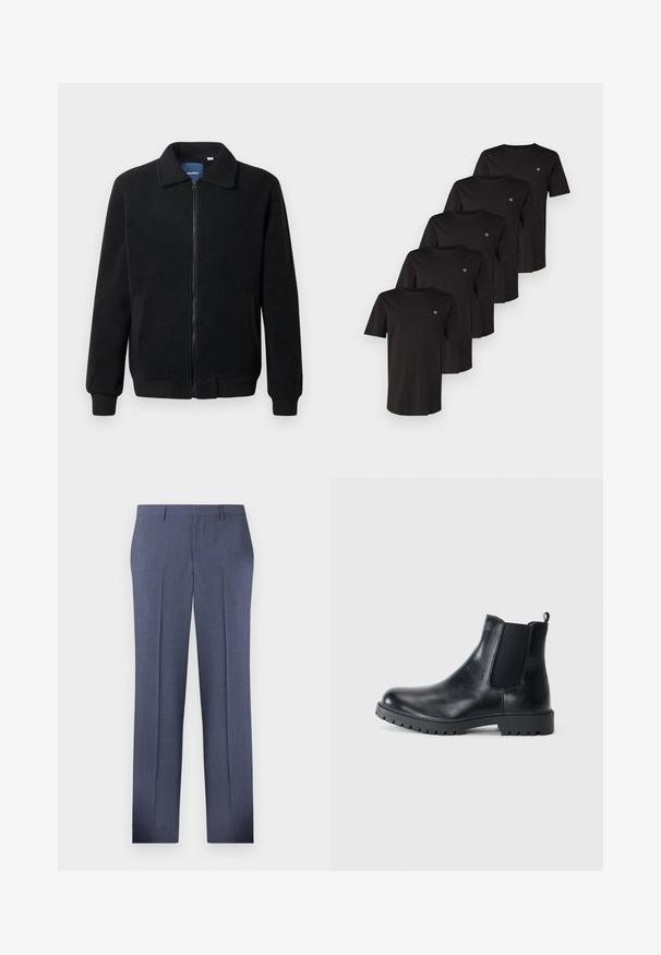 Čierna flísová bunda s uzáverom na zips, stojatým golierom, rebrovanými manžetami a bočnými vreckami s textúrovaným povrchom.; Čierne bavlnené tričká s krátkymi rukávmi, okrúhlym výstrihom a malým logom na ľavej strane hrude, vystavené v stohu piatich kusov.; Prispôsobené modré nohavice s textúrovaným károvaným vzorom, rovného strihu, s pukmi a bočnými vreckami. Vyrobené z ľahkého materiálu.; Čierne kožené Chelsea čižmy majú elastické bočné panely, zaoblenú špičku a gumenú trakčnú podrážku. Minimalistický dizajn so slučkou na ťahanie.