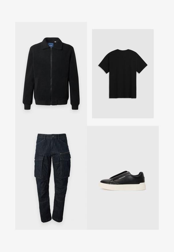 Czarna polarowa kurtka z zamkiem błyskawicznym, stójką, ściągaczami przy mankietach oraz bocznymi kieszeniami o teksturowanej powierzchni.; Levi's® - T-shirt z nadrukiem; Granatowe dżinsowe spodnie cargo z wieloma kieszeniami, kieszenią na zamek błyskawiczny i prostym krojem nogawki. Wytrzymały materiał z widocznymi detalami szewnymi.; Czarne trampki wsuwane z teksturowanej skóry, biała gumowa podeszwa i brak widocznych sznurówek. Posiadają logo marki z boku.