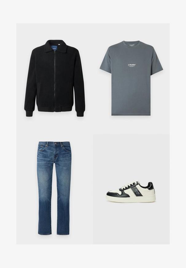 Casaco de polar preto com fecho de correr, gola alta, punhos canelados e bolsos laterais com uma superfície texturizada.; T-shirt de algodão cinza com gola redonda. Apresenta a marca "JJ Studios" em branco no peito. Mangas curtas e um corte descontraído.; Jeans de ganga azuis, corte reto, lavagem média, quatro bolsos, fecho de botão, costura visível, ligeira descoloração nas coxas e na bainha.; Ténis de couro com um esquema de cores em preto e creme, apresentando detalhes perfurados, um colarinho acolchoado e uma sola texturizada.