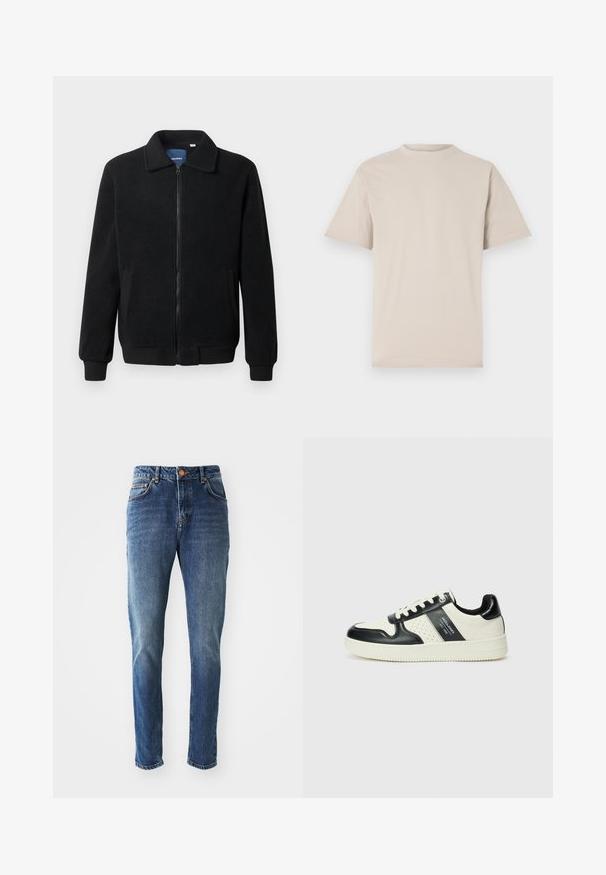 Fekete bolyhos dzseki cipzárral, állógallérral, bordázott mandzsettákkal és oldalzsebekkel, textúrált felülettel.; Beige rövid ujjú póló, kerek nyakkivágással, sima pamutzsákból készült, laza szabással és látható minták vagy díszítések nélkül.; Kék farmernadrág egyenes szárral, gombos záródással, öt zsebes kialakítással és enyhe kopással a textúra kontrasztja érdekében.; Fekete és krém színű bőrsneaker, perforált díszítésekkel, párnázott bokapánttal és texturált talppal.