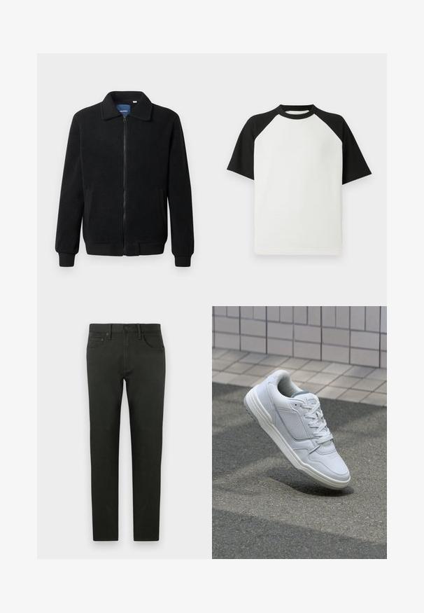 Melnā vilnas jaka ar rāvējslēdzēju, stāvošu apkakli, ribotām piedurknēm un sānu kabatām ar teksturētu virsmu.; Melnā un baltā īsām piedurknēm T-kreklā ar ribotu tekstūru; tam ir raglanu piedurknes un apaļa kakla izgriezums.; Tumši zaļi kokvilnas bikses ar šauru piegriezi. Aizdare ar pogu, taisnas kājas, priekšējās kabatas. Gluda tekstūra, minimāls detaļu skaits.; Baltas ādas sporta apavi ar perforētiem sāniem, teksturētām akcentiem, plakanu šņorēšanu un kontrastējošu pelēku papēdi. Iezīmē nedaudz paaugstinātu zole.