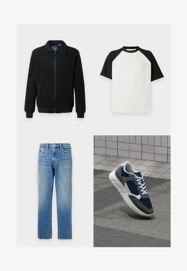 Juodas fliso džemperis su užtrauktuku, stovinčia apykakle, gumuotais rankogaliais ir šoninėmis kišenėmis, turinčiomis tekstūruotą paviršių.; Juodai baltas trumpas rankovėmis marškinėliai su reljefine tekstūra; turi raglan tipo rankoves ir apvalų kaklą.; Šviesiai mėlynos džinsinės kelnės su tiesiu kirpimu, aukštu liemeniu, šiek tiek išblukusios ir su siuvinėjimu ant kišenių ir liemens.; Sportiniai bateliai su tamsiai mėlynu tinkliniu viršumi, pilkais zomšiniais akcentais, balta guma padanga ir plokščiomis baltomis raištelėmis, sukurti komfortui ir oro pralaidumui.