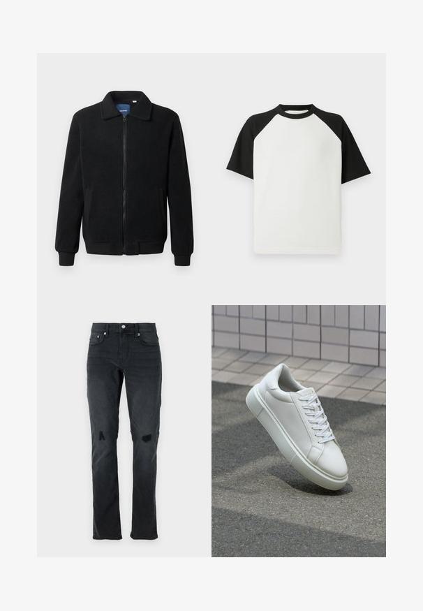 Černá fleecová bunda s zipovým uzávěrem, stojáčkem, vroubkovanými manžetami a bočními kapsami s texturovaným povrchem.; Černé a bílé tričko s krátkým rukávem s žebrovanou strukturou; má raglánové rukávy a kulatý výstřih.; Černé džíny z denimu s úzkým střihem, jemným zesvětlením, dvěma roztrženími na kolenou a tradičním pětikapsovým designem s knoflíkovým zapínáním.; Bílé kožené tenisky s hladkým povrchem, kulatou špičkou a plochými bílými tkaničkami. Disponují texturovanou gumovou podrážkou a minimálními designovými prvky.