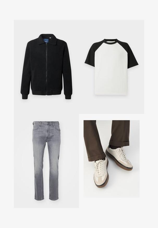 Musternahk fleece-jakk musternahaga, tõmblukk, seisev kaelus, soonikkoes varrukad ja küljetaskud tekstuurse pinnaga.; Mustvalge lühikese varrukaga T-särk ribakujulise tekstuuriga; omab raglan varrukaid ja ümmargust kaelust.; Hallhalli puuvillased teksad on sirge jala disainiga, viie taskuga ja tuhmiga viimistlusega. Materjal on sileda tekstuuriga ja veidi veniv.; Bežid spordijalised, millel on tekstuuriga suede esiosa, siledast nahast küljed ja pruun kummitald. Lisatud on paelad ja heledad õmbluse detailid.