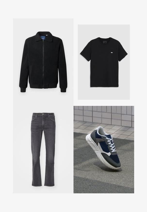 Melnā vilnas jaka ar rāvējslēdzēju, stāvošu apkakli, ribotām piedurknēm un sānu kabatām ar teksturētu virsmu.; Melna kokvilnas T-kreklis ar īsām piedurknēm, apaļu kakla izgriezumu, uz krūtīm ir neliels balts Levi's logo, gluda tekstūra, klasiskā piegriezuma.; Melni džinsi ar taisno kāju griezumu. Īpašības ietver piecas kabatas, metāla pogu aizdari un vieglu izbalēšanu audumā.; Sporta apavi ar tumši zilas krāsas tīkla augšdaļu, pelēku zamšādas akcentiem, baltu gumijas zoli un plakaniem baltiem šņorēm, kas izstrādāti komfortam un elpojamībai.