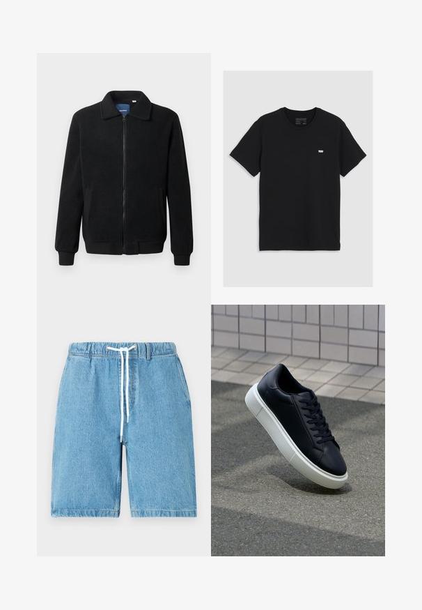 Schwarze Fleecejacke mit Reißverschluss, Stehkragen, gerippten Bündchen und seitlichen Taschen mit strukturiertem Oberflächenmaterial.; Schwarzes Baumwoll-T-Shirt mit kurzen Ärmeln und rundem Ausschnitt, mit einem kleinen weißen Levi's-Logo auf der Brust, glatte Textur, klassischer Schnitt.; Hellblaue Jeans-Shorts mit elastischem Bund, weißem Kordelzug und lässiger Passform. Sie verfügen über eine glatte Textur und gesäumte Kanten.; Schwarze Leder-Sneaker mit runder Zehenpartie und weißer Gummisohle. Verfügt über flache Schnürsenkel und minimale Nähte im Obermaterial. Strukturiertes Sohlenprofil für besseren Halt.