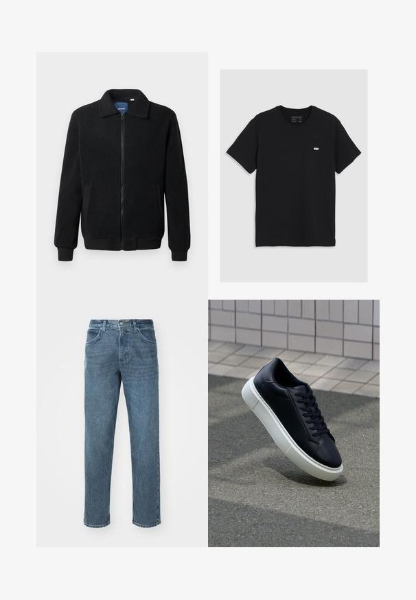 Chaqueta de forro polar negra con cierre de cremallera, cuello alzado, puños acanalados y bolsillos laterales con una superficie texturizada.; Camiseta de algodón negra de manga corta, con cuello redondo, presenta un pequeño logo blanco de Levi's en el pecho, textura suave, corte clásico.; Jeans de denim azul con un diseño de pierna recta, que presentan un estilo clásico de cinco bolsillos y una sutil textura deslavada. Cintura estándar y costuras.; Zapatilla de cuero negro con punta redonda y suela de goma blanca. Presenta cordones planos y un mínimo de costuras en la parte superior. Suela texturizada para proporcionar agarre.