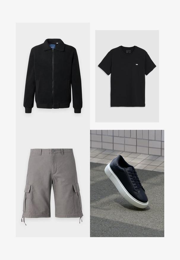 Svart fleece jakke med glidelås, høy krage, ribbestrikkede mansjetter og sidelommer med strukturert overflate.; Svart bomulls t-skjorte med korte ermer, rund halslinning, har en liten hvit Levi's-logo på brystet, glatt tekstur, klassisk passform.; Grå cargo shorts laget av en bomullsblandingsstoff. Har sidelommer, justerbare snorer i kanten og en knapplukking.; Sorte skinnsneakers med rund tå og hvit gummisåle. Har flate lisser og minimal søm på overdelen. Strukturert såle for grep.