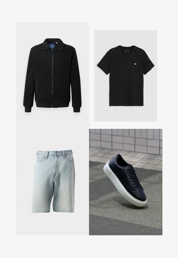 Juodas fliso džemperis su užtrauktuku, stovinčia apykakle, gumuotais rankogaliais ir šoninėmis kišenėmis, turinčiomis tekstūruotą paviršių.; Juodas medvilninis marškinėliai su trumpomis rankovėmis, apvaliu kaklu, pasmerktas mažas baltas Levi's logotipas ant krūtinės, lygus teksturas, klasikinis modelis.; Šviesiai mėlyni džinsiniai šortai su aukštu liemeniu, penkiomis kišenėmis ir mygtuko užsegimu. Audinys turi šiek tiek dėvėtą tekstūrą ir išblukusį išvaizdą.; Juodas odinis sportbačius su apvaliu pirštu ir baltu gumuotu padu. Turi plokščias raišteles ir minimalų siuvimą viršuje. Padangos tekstūra užtikrina sukibimą.