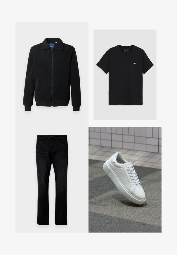 Veste en polaire noire avec fermeture éclair, col montant, poignets côtelés et poches latérales avec une surface texturée.; T-shirt en coton noir à manches courtes, col rond, présentant un petit logo blanc Levi's sur la poitrine, texture lisse, coupe classique.; Jean en denim noir avec une coupe droite, doté d'un design classique à cinq poches et d'une texture légèrement délavée.; Baskets en cuir blanc avec une surface lisse, bout rond et lacets plats blancs. Présentent une semelle en caoutchouc texturée et des éléments de design minimalistes.