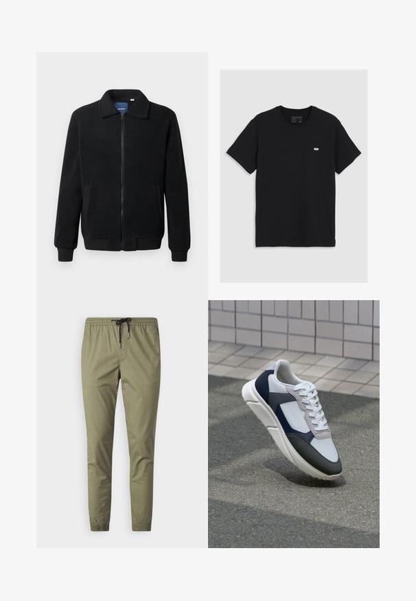 Giacca in pile nera con chiusura zip, colletto alto, polsini a coste e tasche laterali con superficie strutturata.; T-shirt in cotone nero con maniche corte, scollatura rotonda, presenta un piccolo logo bianco Levi's sul petto, texture liscia, vestibilità classica.; Pantaloni jogger di un verde oliva chiaro realizzati in tessuto morbido, dotati di una vita elasticizzata con cordino e polsini elasticizzati alle caviglie.; Sneaker bianca, blu navy e grigia con un design a materiali misti, caratterizzata da una tomaia testurizzata, lacci piatti e una suola imbottita.