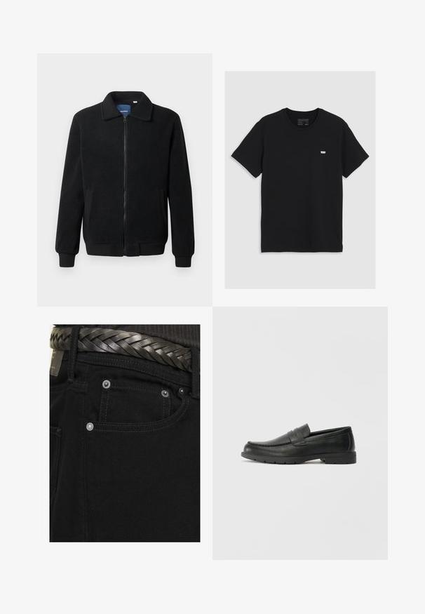 Giacca in pile nera con chiusura zip, colletto alto, polsini a coste e tasche laterali con superficie strutturata.; T-shirt in cotone nero con maniche corte, scollatura rotonda, presenta un piccolo logo bianco Levi's sul petto, texture liscia, vestibilità classica.; Jack & Jones JJIALEX JJORIGINAL - Jeans baggy - black; Mocassini neri in pelle con una finitura liscia, parte superiore in stile mocassino, dettagli cuciti e suola in gomma. Design classico con tacco basso.