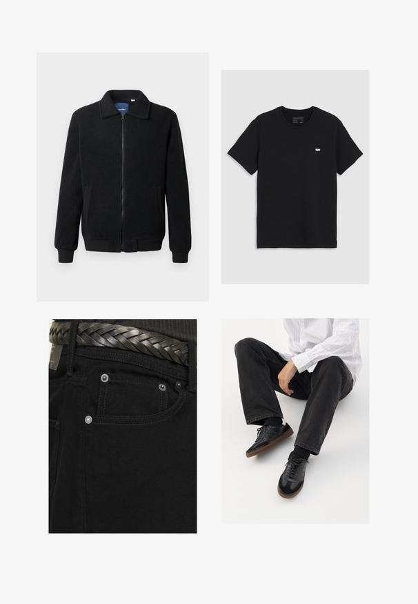 Musta fleece-takki, jossa on vetoketjulla suljettavat, pystykaulus, ribbireunat ja sivutaskut, joissa on teksturoitu pinta.; Musta puuvillapaita lyhyillä hihoilla, pyöreä pääntie, jossa on pieni valkoinen Levi's-logo rinnassa, sileä pinta, klassinen istuvuus.; Jack & Jones JJIALEX JJORIGINAL - Baggy-farkut - black; Mustat tennarit, joissa on sileä ja teksturoitu päällyste, varustettuna kumipohjalla ja tummilla nauhoilla. Yhdistetty mustiin farkkuihin ja valko-raitaiseen paitaan.
