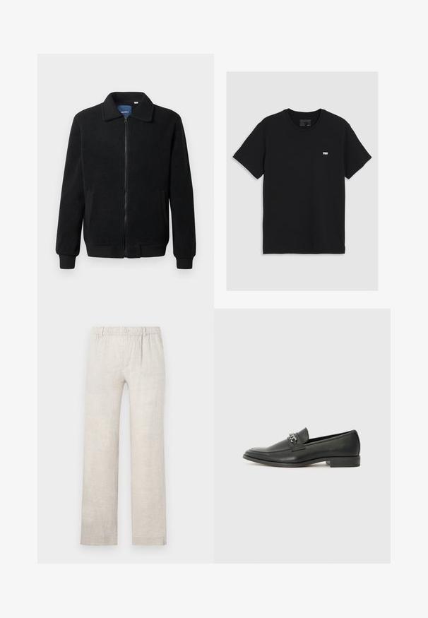 Black fleece jacket featuring a zip closure, stand collar, ribbed cuffs, and side pockets with a textured surface.; Black cotton t-shirt with short sleeves, round neckline, features a small white Levi's logo on the chest, smooth texture, classic fit.; Light beige linen pants with a straight leg design, elastic waistband, and a button closure. Minimal texture with subtle stitching details.; Black leather loafer with a smooth finish, featuring a stitched design and a decorative metal chain accent across the vamp. Flat heel.