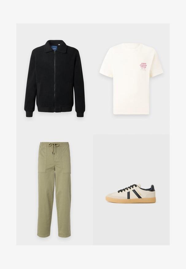 Μαύρο φλις μπουφάν με κλείσιμο με φερμουάρ, όρθιο γιακά, λαστιχένια μανίκια και πλάγιες τσέπες με υφή.; Άσπρη κοντομάνικη μπλούζα με κόκκινο κείμενο "Studio Originals Edition" στο αριστερό στήθος, παρουσιασμένη σε ουδέτερο γκρι φόντο.; Φως ελαιόχρωμο παντελόνι κατασκευασμένο από ύφασμα με μείγμα βαμβακιού, με ελαστική μέση και κορδόνι, και δύο μεγάλες πλευρικές τσέπες.; Καθημερινά αθλητικά παπούτσια σε κρέμ χρώμα με μαύρες ρίγες, που διαθέτουν υφασμάτινο επάνω μέρος και σόλα από καουτσούκ. Τα κορδόνια είναι μαύρα. Διακριτό λογότυπο στο πλάι.