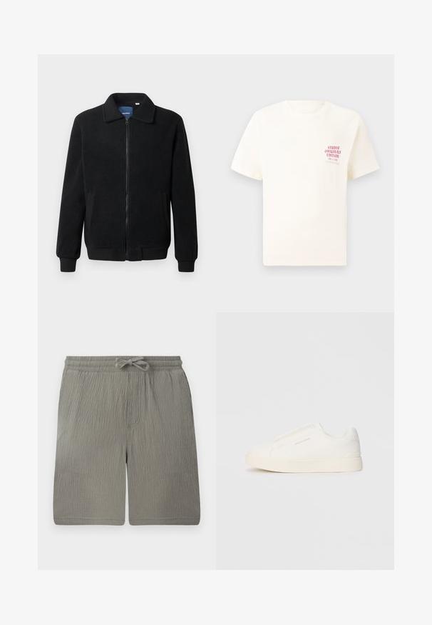 Black fleece jacket featuring a zip closure, stand collar, ribbed cuffs, and side pockets with a textured surface.; White short-sleeve T-shirt with red text "Studio Originals Edition" on left chest, displayed on a neutral gray background.; Light gray shorts made of textured fabric. Features an elastic waistband, drawstring, and side pocket. Simple, straight-cut design.; White slip-on sneakers with a textured surface, a thick sole, and minimalistic design. Features brand logo on the side.