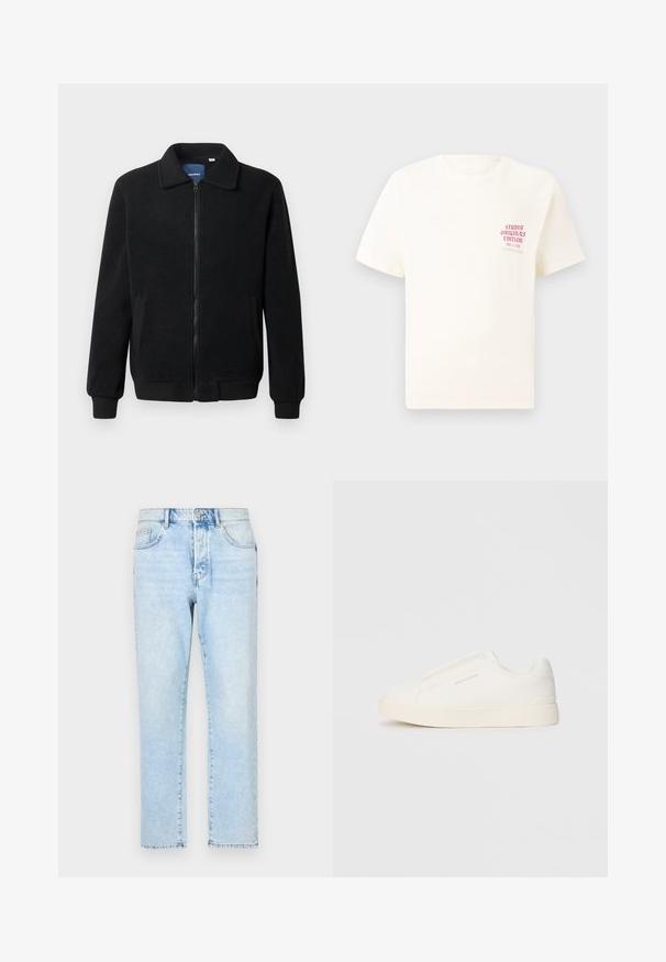 Črna flis jakna z zadrgo, stoječim ovratnikom, rebrastimi zapestji in stranskimi žepi s teksturirano površino.; Bela majica s kratkimi rokavi z rdečim napisom "Studio Originals Edition" na levi strani prsnega koša, prikazana na nevtralnem sivo backgroundu.; Svijetloplave traperice s ravnim nogavicama, izblijedjelom teksturom i tradicionalnim stilom s pet džepova. Zatvaranje sprijeda s patentnim zatvaračem i gumbom.; Bele zapete brez vezalk z teksturirano površino, debelim podplatom in minimalističnim dizajnom. Na strani se nahaja logotip blagovne znamke.