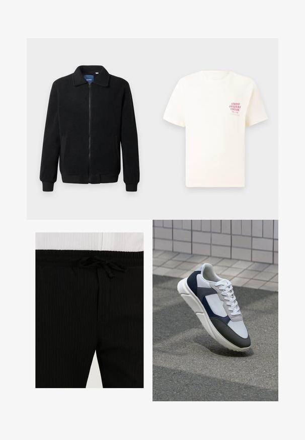 Black fleece jacket featuring a zip closure, stand collar, ribbed cuffs, and side pockets with a textured surface.; White short-sleeve T-shirt with red text "Studio Originals Edition" on left chest, displayed on a neutral gray background.; Black ribbed sweatpants with an elastic waistband and drawstring detail. Texture is soft with vertical lines, creating a subtle pattern.; White, navy, and gray sneaker with a mixed material design, featuring a textured upper, flat laces, and a cushioned sole.