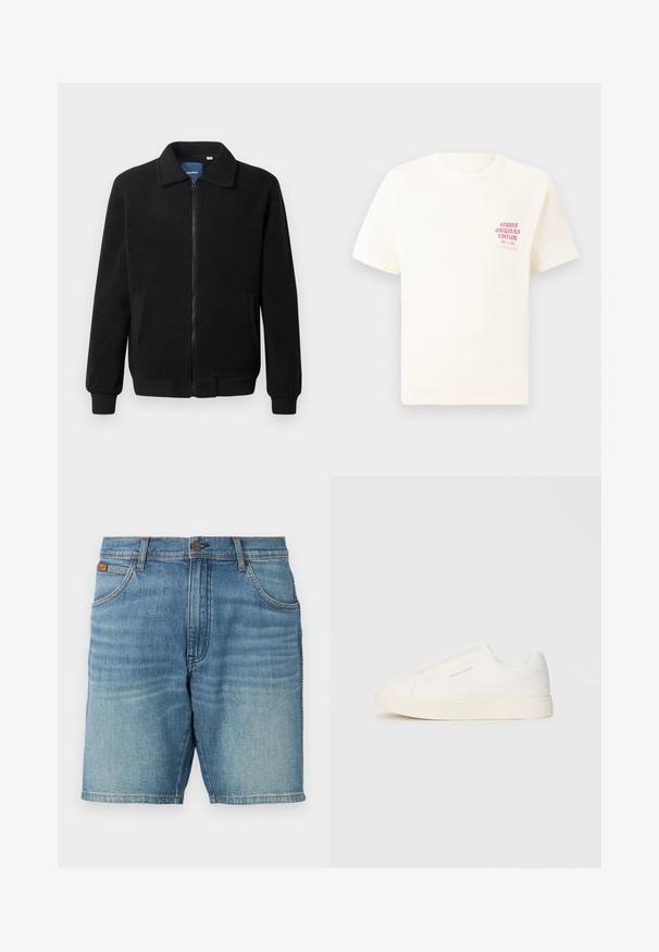 Črna flis jakna z zadrgo, stoječim ovratnikom, rebrastimi zapestji in stranskimi žepi s teksturirano površino.; Bela majica s kratkimi rokavi z rdečim napisom "Studio Originals Edition" na levi strani prsnega koša, prikazana na nevtralnem sivo backgroundu.; Denim kratke hlače v svetlo modrem pranju, z značilnim 5-žepnim dizajnom, gumbom za zapiranje in subtilnim zbledeljem. Čista robna linija in vidna tekstura.; Bele zapete brez vezalk z teksturirano površino, debelim podplatom in minimalističnim dizajnom. Na strani se nahaja logotip blagovne znamke.