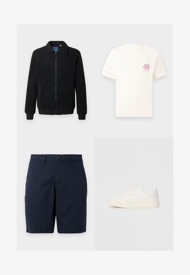 Black fleece jacket featuring a zip closure, stand collar, ribbed cuffs, and side pockets with a textured surface.; White short-sleeve T-shirt with red text "Studio Originals Edition" on left chest, displayed on a neutral gray background.; Navy blue shorts made of lightweight fabric. Features a button closure, flat front, and two side pockets. Classic, straight fit design.; White slip-on sneakers with a textured surface, a thick sole, and minimalistic design. Features brand logo on the side.