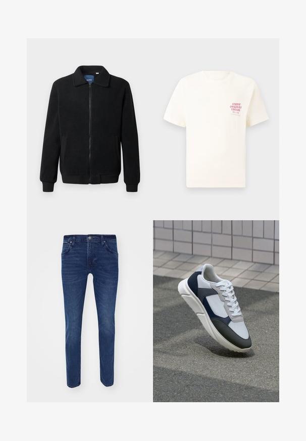 Juodas fliso džemperis su užtrauktuku, stovinčia apykakle, gumuotais rankogaliais ir šoninėmis kišenėmis, turinčiomis tekstūruotą paviršių.; Balta trumpa rankovėmis marškinėliai su raudonu užrašu "Studio Originals Edition" kairiajame krūtinės šone, rodomi neutralioje pilkoje aplinkoje.; Lee LUKE - Prigludę džinsai - holland blue; Baltos, tamsiai mėlynos ir pilkos sportbačiai su mišriomis medžiagomis, turintys tekstūruotą viršutinę dalį, plokščius raištelius ir paminkštintą pado dalį.