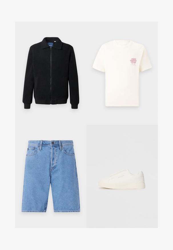 Black fleece jacket featuring a zip closure, stand collar, ribbed cuffs, and side pockets with a textured surface.; White short-sleeve T-shirt with red text "Studio Originals Edition" on left chest, displayed on a neutral gray background.; Light blue denim shorts with a classic five-pocket design, button closure, and straight leg cut, featuring faded texture and stitching accents.; White slip-on sneakers with a textured surface, a thick sole, and minimalistic design. Features brand logo on the side.