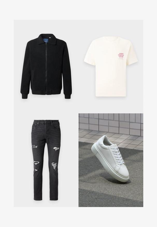 Casaco de polar preto com fecho de correr, gola alta, punhos canelados e bolsos laterais com uma superfície texturizada.; T-shirt branca de mangas curtas com o texto vermelho "Edição Originais do Estúdio" no lado esquerdo do peito, apresentada sobre um fundo cinza neutro.; Calças de ganga pretas com um corte justo, apresentando várias áreas desgastadas e detalhes de remendos visíveis nos joelhos. Design clássico de cinco bolsos.; Tênis de couro branco com superfície lisa, bico redondo e cadarços brancos planos. Apresenta uma sola de borracha texturizada e elementos de design minimalistas.