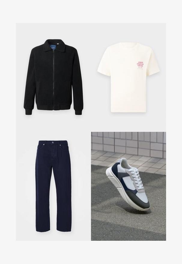 Juodas fliso džemperis su užtrauktuku, stovinčia apykakle, gumuotais rankogaliais ir šoninėmis kišenėmis, turinčiomis tekstūruotą paviršių.; Balta trumpa rankovėmis marškinėliai su raudonu užrašu "Studio Originals Edition" kairiajame krūtinės šone, rodomi neutralioje pilkoje aplinkoje.; Tamsiai mėlynos medvilnės kelnės su tiesiomis kojomis, penkių kišenių stiliumi, mygtuko uždarymu ir kontrastinėmis siūlėmis.; Baltos, tamsiai mėlynos ir pilkos sportbačiai su mišriomis medžiagomis, turintys tekstūruotą viršutinę dalį, plokščius raištelius ir paminkštintą pado dalį.