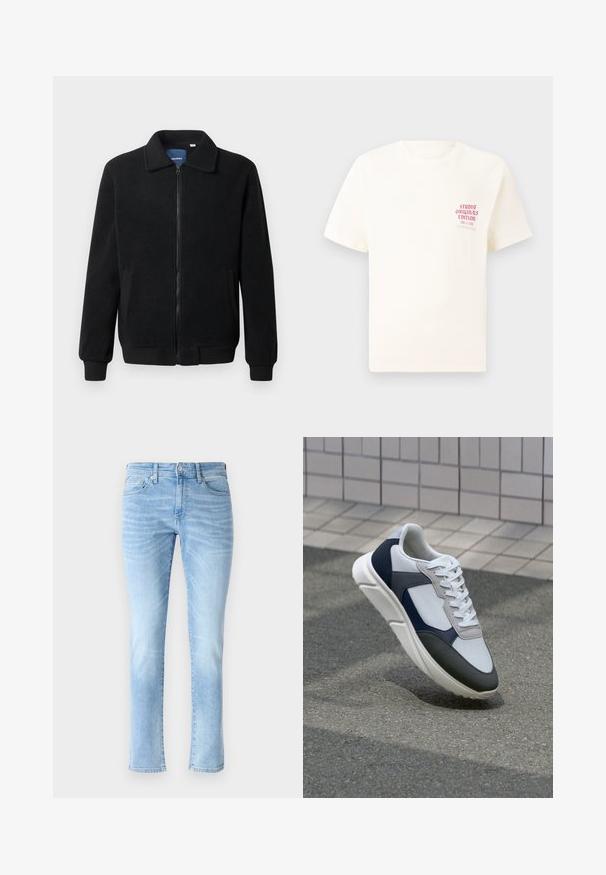 Casaco de polar preto com fecho de correr, gola alta, punhos canelados e bolsos laterais com uma superfície texturizada.; T-shirt branca de mangas curtas com o texto vermelho "Edição Originais do Estúdio" no lado esquerdo do peito, apresentada sobre um fundo cinza neutro.; Jeans de ganga azul claro com um corte slim, design de cinco bolsos e detalhes de desbotamento subtil, apresentando um corte reto clássico e fecho de botão.; Sapatilhas brancas, azuis-marinho e cinzas com um design de materiais mistos, apresentando uma parte superior texturizada, atacadores planos e uma sola acolchoada.