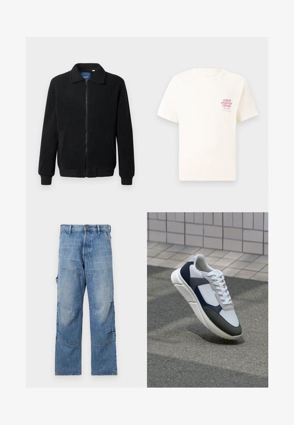 Crni flis jakna s zatvaranjem na zip, stojećim ovratnikom, rebrastim manžetama i bočnim džepovima s teksturiranom površinom.; Bijela kratka majica s kratkim rukavima s crvenim natpisom "Studio Originals Edition" na lijevoj strani grudi, prikazana na neutralnoj sivoj pozadini.; Svijetloplave traperice širokih nogavica, s izblijedjelim područjima i šavovima od patchworka. Imaju prednje kopčanje s gumbom i patentnim zatvaračem te bočne džepove.; Bijela, mornarsko plava i siva tenisica s dizajnom od miješanih materijala, koja ima teksturirani gornji dio, ravne vezice i udoban đon.