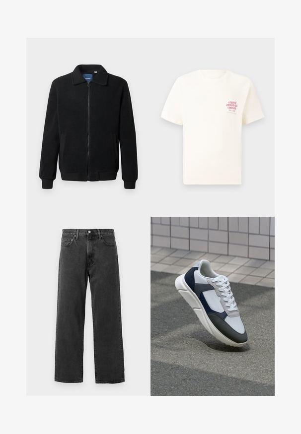 Casaco de polar preto com fecho de correr, gola alta, punhos canelados e bolsos laterais com uma superfície texturizada.; T-shirt branca de mangas curtas com o texto vermelho "Edição Originais do Estúdio" no lado esquerdo do peito, apresentada sobre um fundo cinza neutro.; Jeans em denim preto com um design de perna reta, estilo de cinco bolsos e um clássico fecho de botão. Apresenta um tecido sutilmente texturizado.; Sapatilhas brancas, azuis-marinho e cinzas com um design de materiais mistos, apresentando uma parte superior texturizada, atacadores planos e uma sola acolchoada.