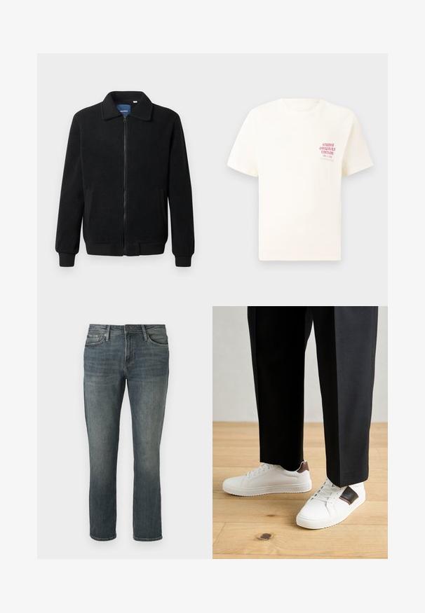 Black fleece jacket featuring a zip closure, stand collar, ribbed cuffs, and side pockets with a textured surface.; White short-sleeve T-shirt with red text "Studio Originals Edition" on left chest, displayed on a neutral gray background.; Straight-leg blue jeans with slight fading on thighs and knees, front button and zipper closure, and five-pocket design.; White sneakers with smooth texture, featuring brown leather accents and black detailing, paired with black tailored pants. Wooden floor background.