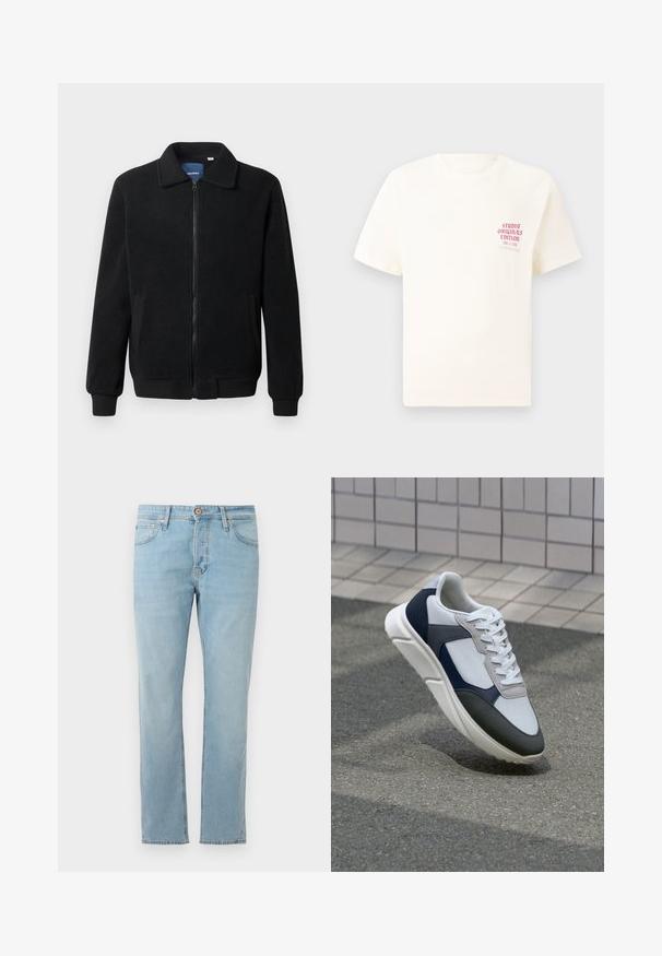 Musternahk fleece-jakk musternahaga, tõmblukk, seisev kaelus, soonikkoes varrukad ja küljetaskud tekstuurse pinnaga.; Valge lühikeste varrukatega T-särk, millel on vasakul rinnal punane tekst "Studio Originals Edition", esitatud neutraalsel hallil taustal.; Heledadilised helesinised teksad otse lõikega, viie taskuga ja nööpidega vöökoht, asetatud lamele valgele taustale.; Valge, mereväe sinine ja hall spordijalats, millel on segatud materjalide disain, tekstureeritud ülemine osa, lame pael ja pehme talla.