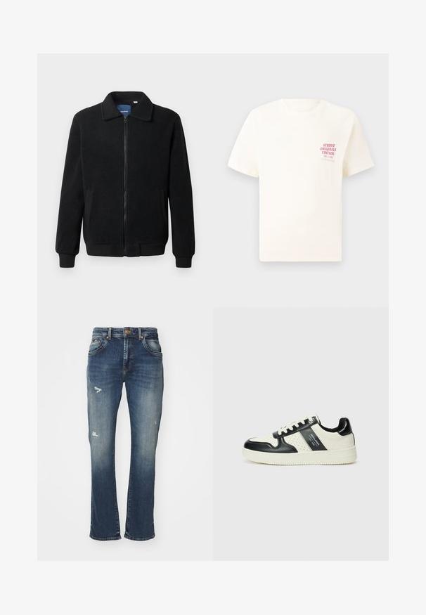 Casaco de polar preto com fecho de correr, gola alta, punhos canelados e bolsos laterais com uma superfície texturizada.; T-shirt branca de mangas curtas com o texto vermelho "Edição Originais do Estúdio" no lado esquerdo do peito, apresentada sobre um fundo cinza neutro.; Jeans bootcut feitos de denim azul escuro, com um acabamento desbotado, desgastes na parte da frente, design de cinco bolsos e uma cinta com fecho de botão.; Ténis de couro com um esquema de cores em preto e creme, apresentando detalhes perfurados, um colarinho acolchoado e uma sola texturizada.