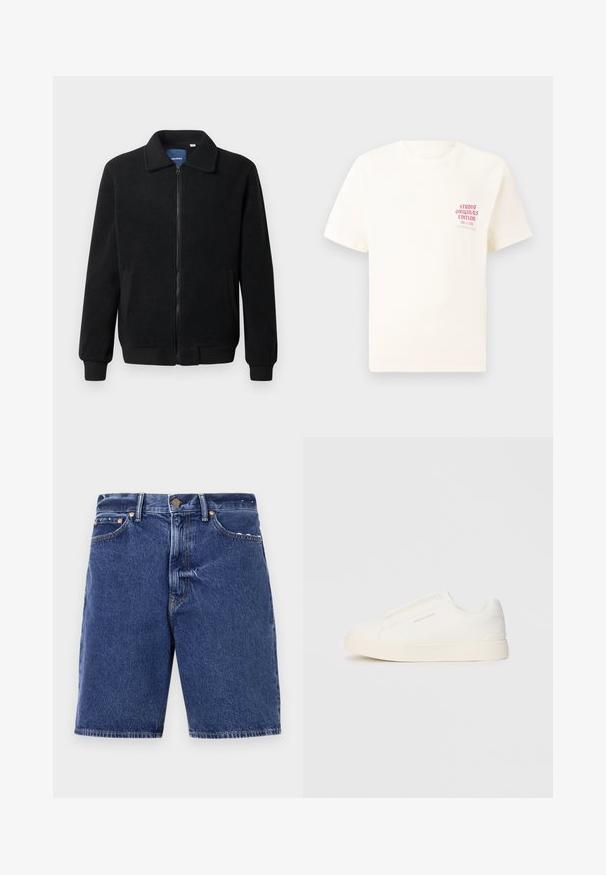 Μαύρο φλις μπουφάν με κλείσιμο με φερμουάρ, όρθιο γιακά, λαστιχένια μανίκια και πλάγιες τσέπες με υφή.; Άσπρη κοντομάνικη μπλούζα με κόκκινο κείμενο "Studio Originals Edition" στο αριστερό στήθος, παρουσιασμένη σε ουδέτερο γκρι φόντο.; Σορτς από τζιν σε σκούρο μπλε χρώμα με κλασική γραμμή, διαθέτοντας κλείσιμο με κουμπί, πέντε τσέπες και αντίθετη πορτοκαλί ραφή.; Λευκά slip-on παπούτσια με υφή, παχύ πάτο και μινιμαλιστικό σχέδιο. Φέρει το λογότυπο της μάρκας στο πλάι.