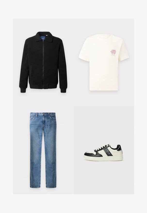 Casaco de polar preto com fecho de correr, gola alta, punhos canelados e bolsos laterais com uma superfície texturizada.; T-shirt branca de mangas curtas com o texto vermelho "Edição Originais do Estúdio" no lado esquerdo do peito, apresentada sobre um fundo cinza neutro.; Jeans de ganga azul claro, design de pernas retas, cinco bolsos, fecho com botão de metal, textura desbotada com leve padrão de desgaste na parte da frente.; Ténis de couro com um esquema de cores em preto e creme, apresentando detalhes perfurados, um colarinho acolchoado e uma sola texturizada.