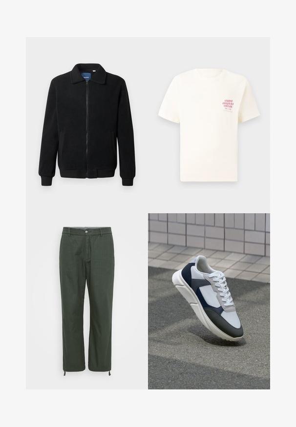 Veste en polaire noire avec fermeture éclair, col montant, poignets côtelés et poches latérales avec une surface texturée.; T-shirt blanc à manches courtes avec le texte rouge "Édition Originals du Studio" sur la poitrine gauche, présenté sur un fond gris neutre.; Pantalons en vert foncé, en tissu lisse. Design à jambe droite avec fermeture à bouton, cordons de serrage réglables à l'ourlet.; Baskets blanches, bleu marine et grises avec un design en matériaux mélangés, présentant une tige texturée, des lacets plats et une semelle rembourrée.