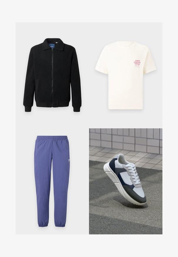 Černá fleecová bunda s zipovým uzávěrem, stojáčkem, vroubkovanými manžetami a bočními kapsami s texturovaným povrchem.; Bílý krátký rukávový tričko s červeným textem "Studio Originals Edition" na levé hrudi, vystavené na neutrálním šedém pozadí.; Fialové bundové kalhoty s elastickým pasem, zúženými nohavicemi, elastickými manžetami a postranní kapsou s drobným logem.; Bílé, námořnické a šedé tenisky s kombinovaným materiálovým designem, který zahrnuje texturovaný svršek, ploché šňůrky a polstrovanou podešev.
