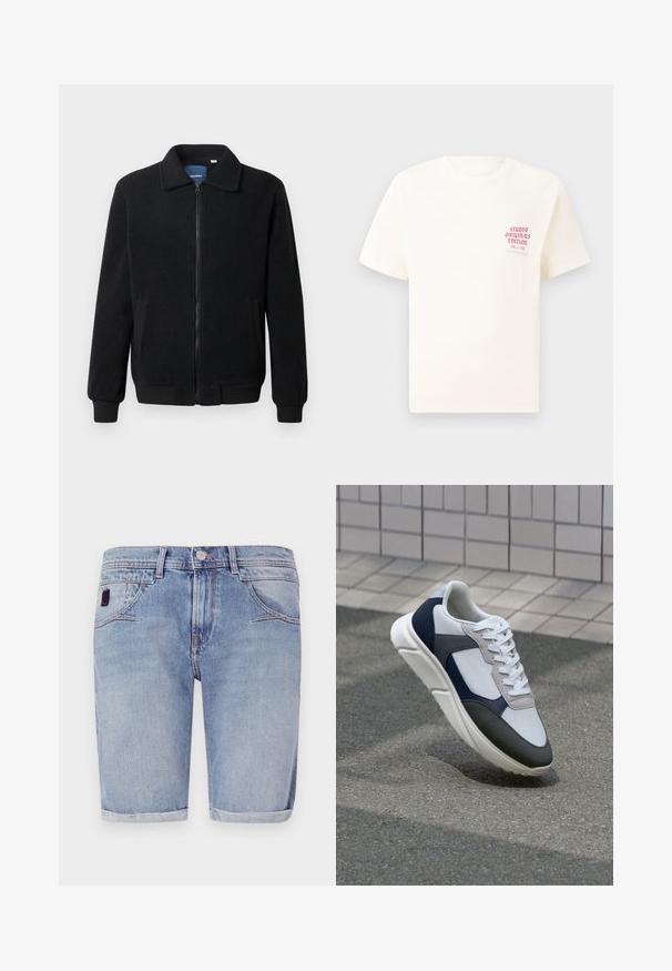 Black fleece jacket featuring a zip closure, stand collar, ribbed cuffs, and side pockets with a textured surface.; White short-sleeve T-shirt with red text "Studio Originals Edition" on left chest, displayed on a neutral gray background.; Light blue denim shorts with a straight-cut design, rolled hem, and subtle fading. Features front pockets and a small fabric tag.; White, navy, and gray sneaker with a mixed material design, featuring a textured upper, flat laces, and a cushioned sole.